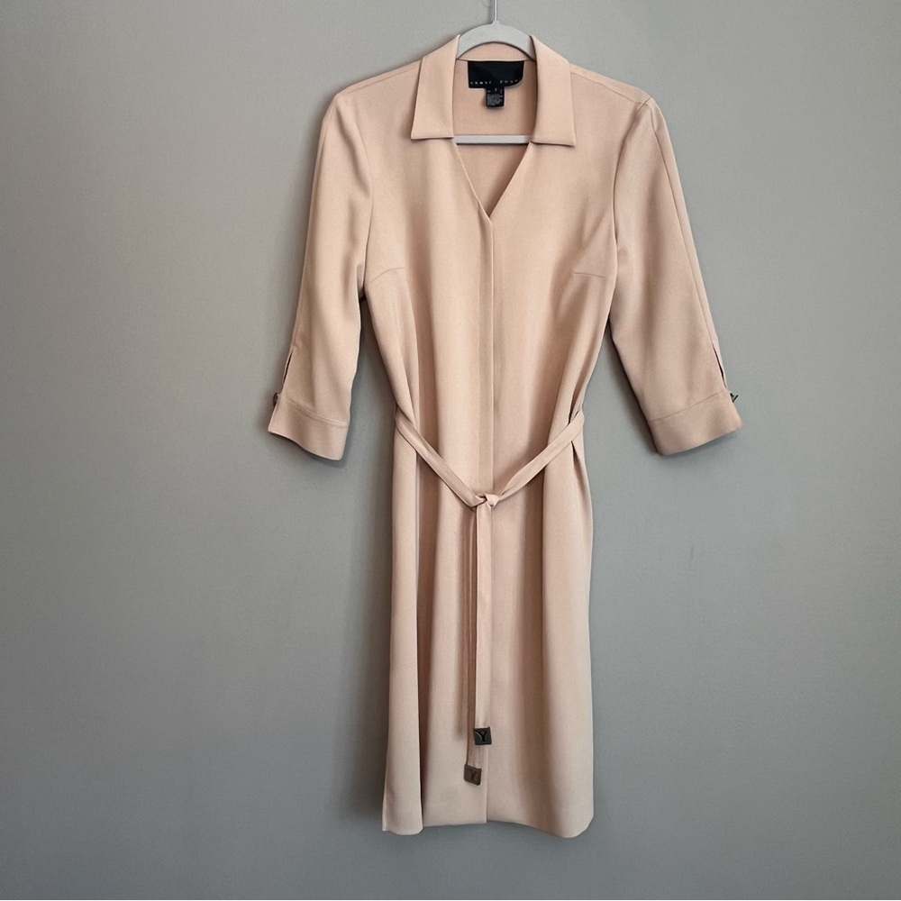 Yansi Fugel | Shirt Dress w/tie waist belt golden tan Womens size S collar shift